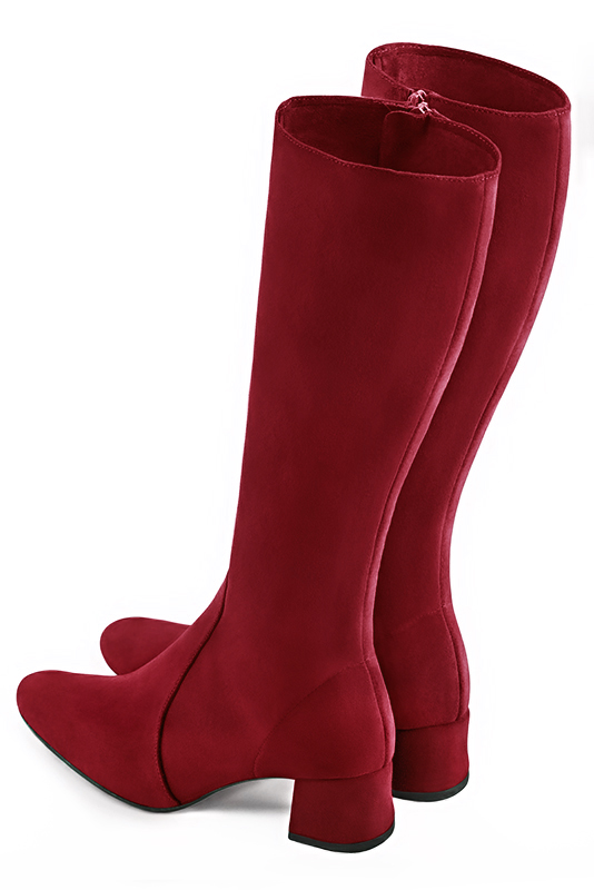 Burgundy red women's feminine knee-high boots. Round toe. Low flare heels. Made to measure. Rear view - Florence KOOIJMAN